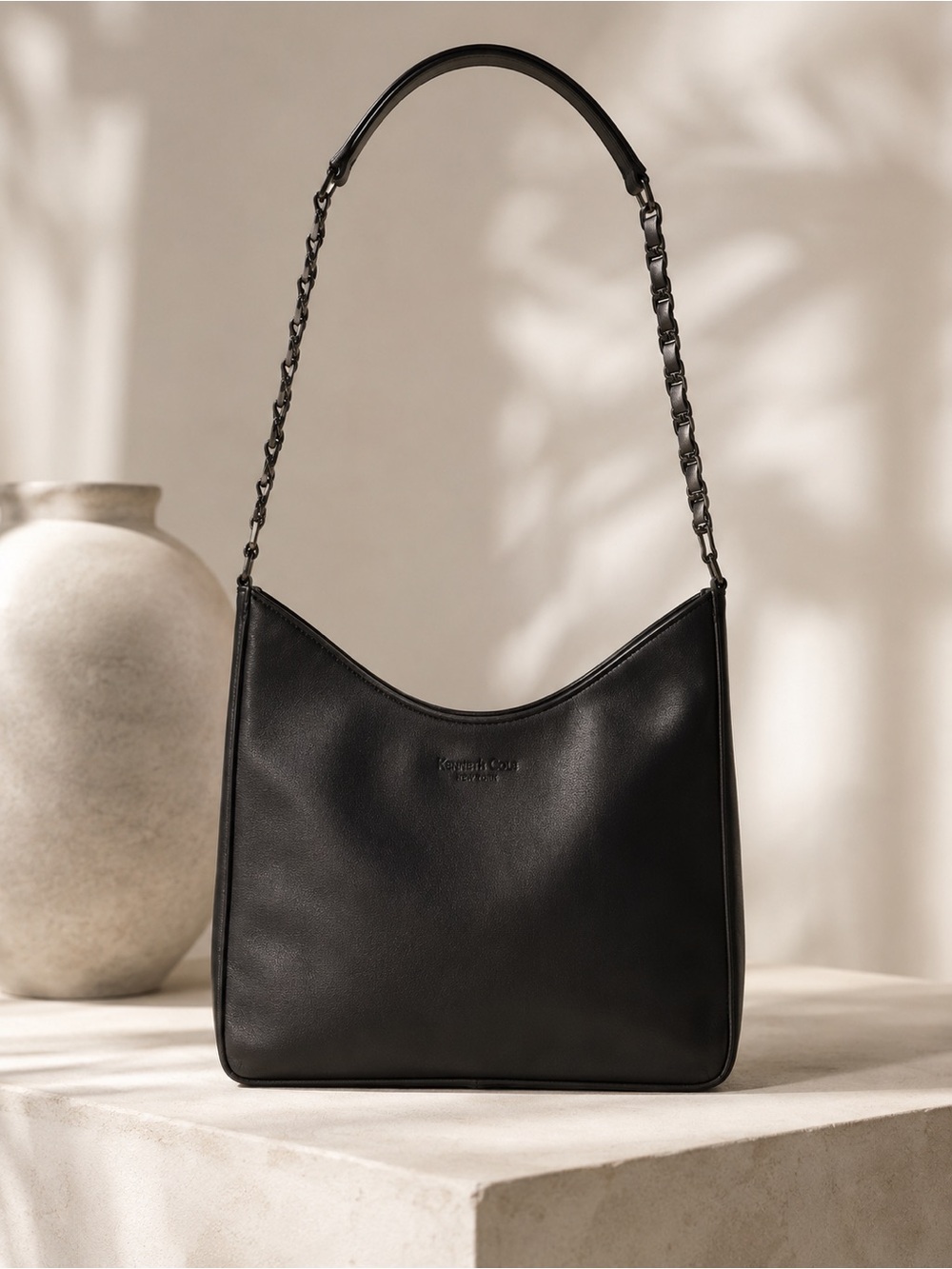 Kenneth Cole Black Leather Shoulder Hobo with Chain-Link Strap